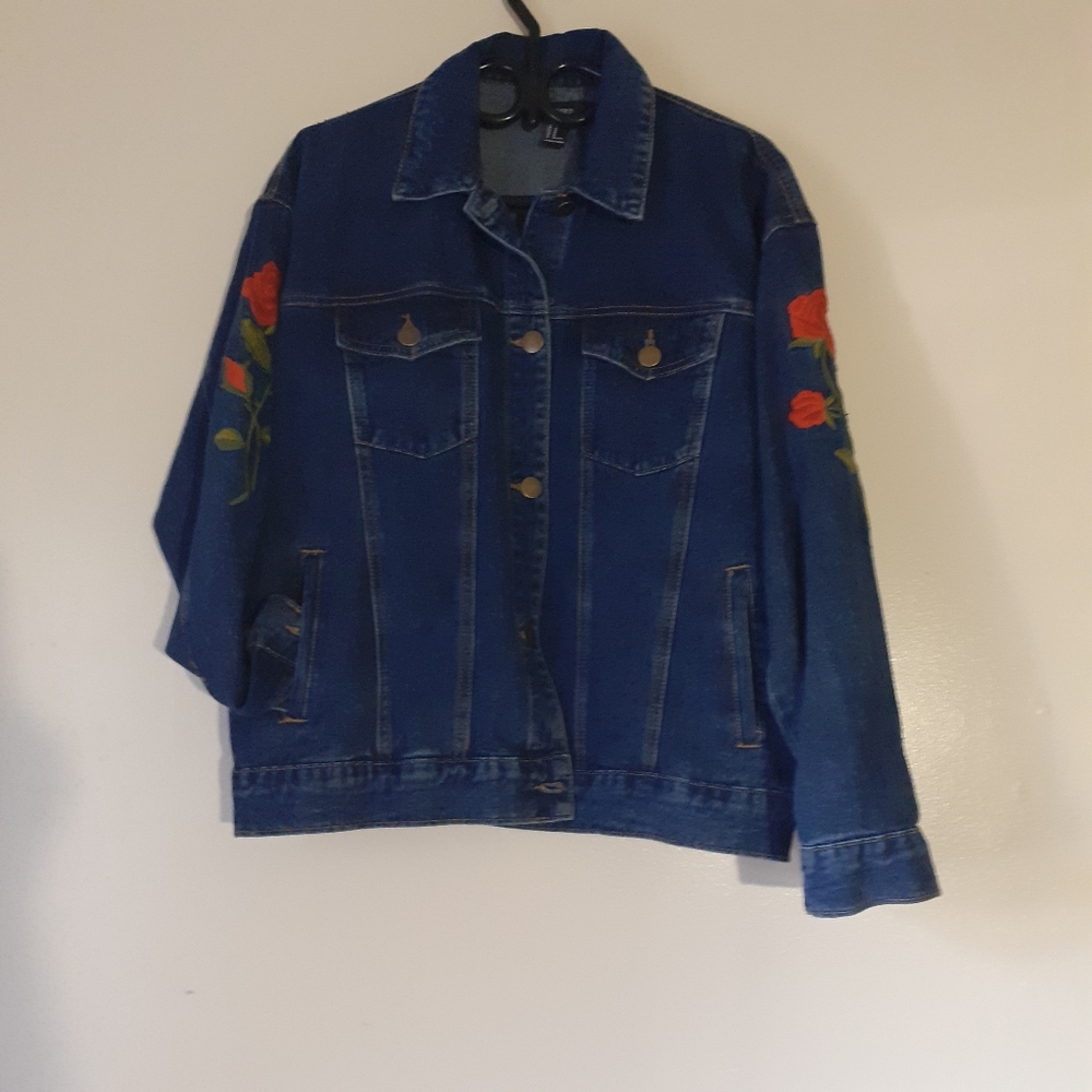 Women OVERSIZED BLUE DENIM JACKET with Roses embroidery,  so chic and versatile